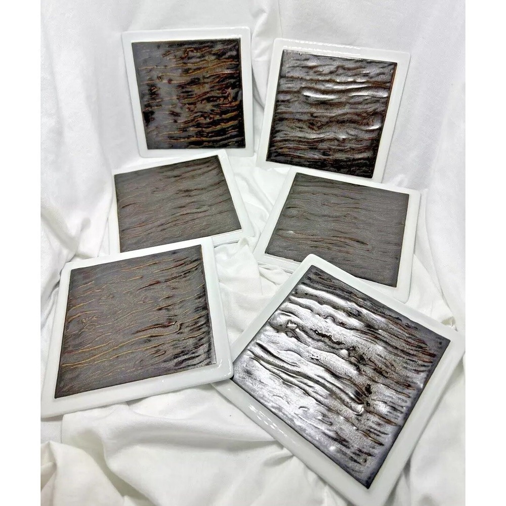 Tuxton Square Ceramic Appetizer Plates Set of 6 White Bronze Textured Rippled